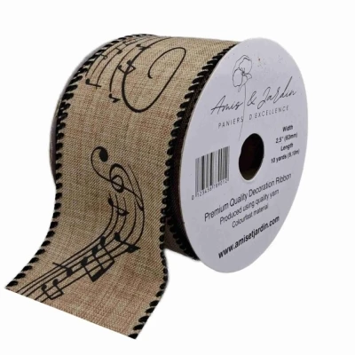 Stuha jutová s drátkem béžová vánoční noty 9.1 m