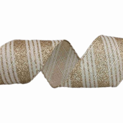 Stuha jutová s drátkem béžová vánoční pruhy 9.1 m