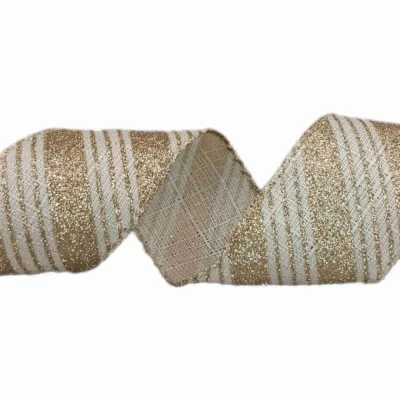 Stuha jutová s drátkem béžová vánoční pruhy 9.1 m