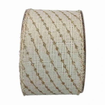 Stuha jutová s drátkem béžová vánoční pruhy 9.1 m