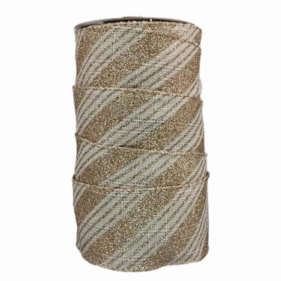 Stuha jutová s drátkem béžová vánoční pruhy 9.1 m