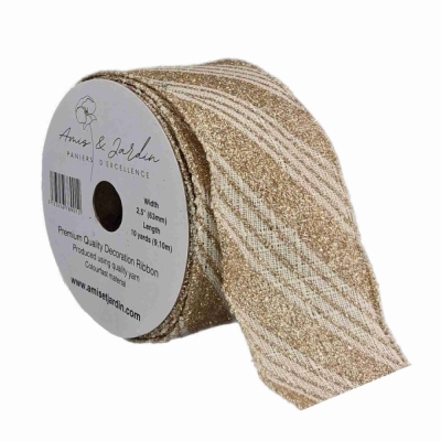 Stuha jutová s drátkem béžová vánoční pruhy 9.1 m