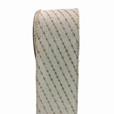 Stuha jutová s drátkem béžová vánoční pruhy 9.1 m