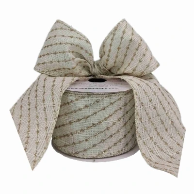Stuha jutová s drátkem béžová vánoční pruhy 9.1 m