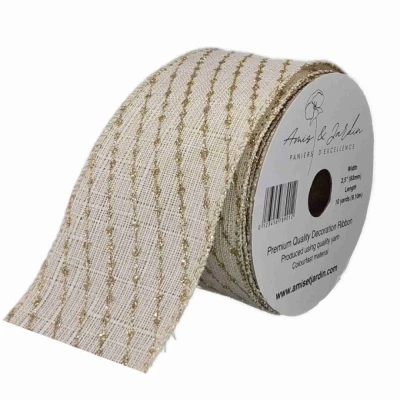 Stuha jutová s drátkem béžová zlaté pruhy 9.1 m