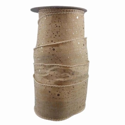 Stuha jutová s drátkem béžová vánoční puntíky 9.1 m