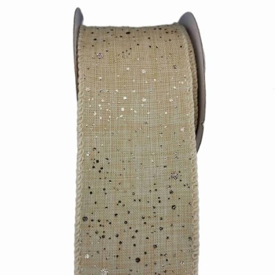 Stuha jutová s drátkem béžová vánoční puntíky 9.1 m