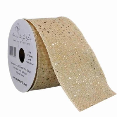 Stuha jutová s drátkem béžová vánoční puntíky 9.1 m