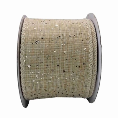 Stuha jutová s drátkem béžová vánoční puntíky 9.1 m