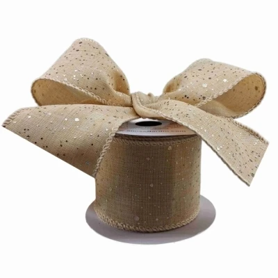 Stuha jutová s drátkem béžová vánoční puntíky 9.1 m
