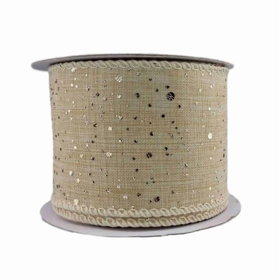Stuha jutová s drátkem béžová vánoční puntíky 9.1 m