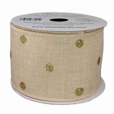 Stuha jutová s drátkem béžová vánoční tečky 9.1 m