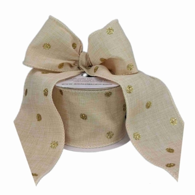 Stuha jutová s drátkem béžová vánoční tečky 9.1 m