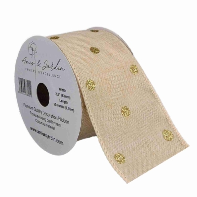 Stuha jutová s drátkem béžová vánoční tečky 9.1 m