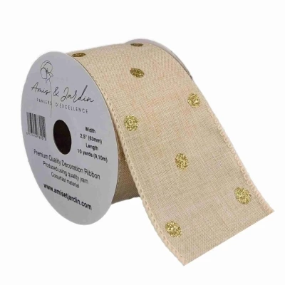 Stuha jutová s drátkem béžová vánoční tečky 9.1 m