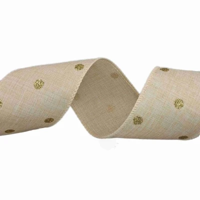 Stuha jutová s drátkem béžová vánoční tečky 9.1 m