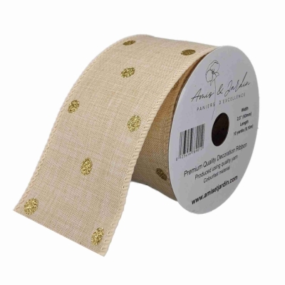 Stuha jutová s drátkem béžová vánoční tečky 9.1 m