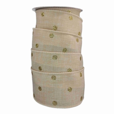 Stuha jutová s drátkem béžová vánoční tečky 9.1 m