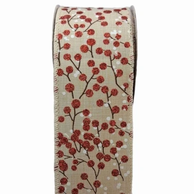 Stuha jutová s drátkem béžová vánoční větvičky s bobulkami 9.1 m