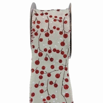 Stuha jutová s drátkem béžová vánoční větvičky s bobulkami 9.1 m