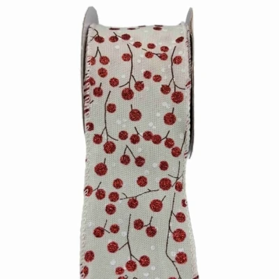 Stuha jutová s drátkem béžová vánoční větvičky s bobulkami 9.1 m