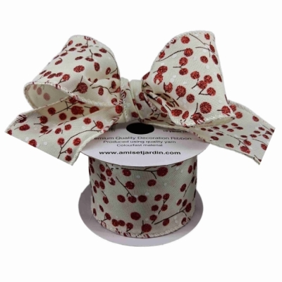 Stuha jutová s drátkem béžová vánoční větvičky s bobulkami 9.1 m