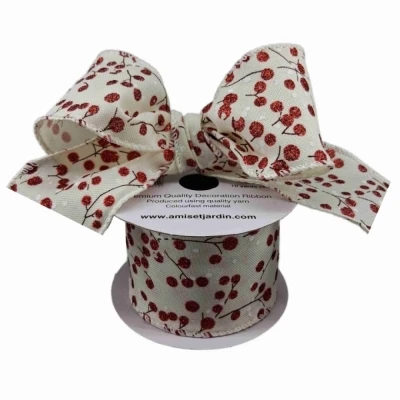 Stuha jutová s drátkem béžová vánoční větvičky s bobulkami 9.1 m