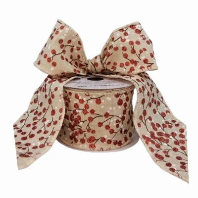 Stuha jutová s drátkem béžová vánoční větvičky s bobulkami 9.1 m