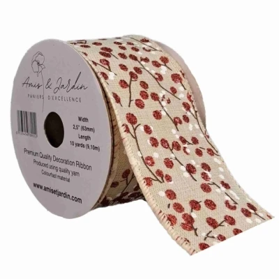 Stuha jutová s drátkem béžová vánoční větvičky s bobulkami 9.1 m