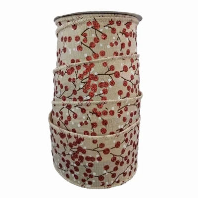 Stuha jutová s drátkem béžová vánoční větvičky s bobulkami 9.1 m