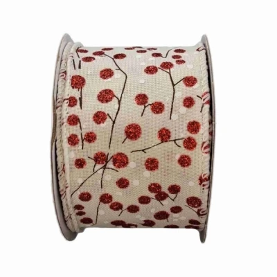 Stuha jutová s drátkem béžová vánoční větvičky s bobulkami 9.1 m