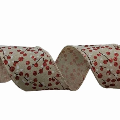 Stuha jutová s drátkem béžová vánoční větvičky s bobulkami 9.1 m