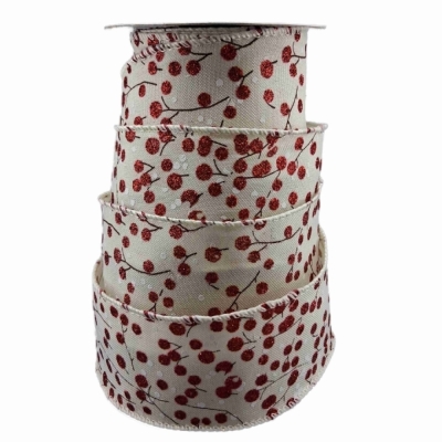 Stuha jutová s drátkem béžová vánoční větvičky s bobulkami 9.1 m