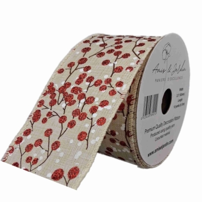 Stuha jutová s drátkem béžová vánoční větvičky s bobulkami 9.1 m