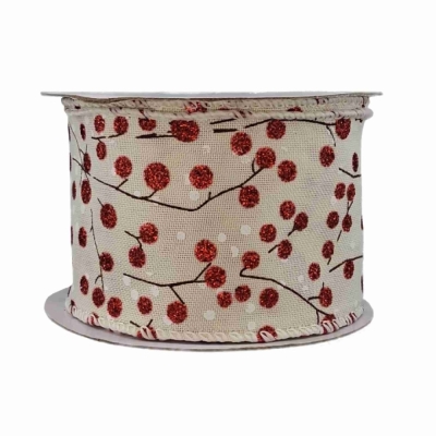 Stuha jutová s drátkem béžová vánoční větvičky s bobulkami 9.1 m