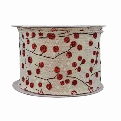 Stuha jutová s drátkem béžová vánoční větvičky s bobulkami 9.1 m