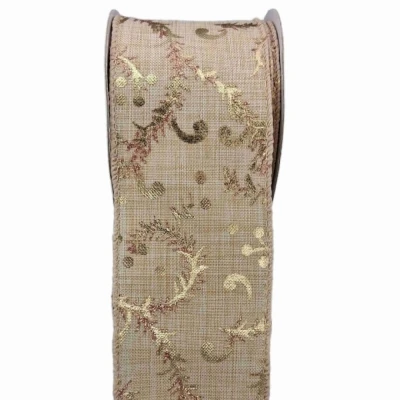 Stuha jutová s drátkem béžovo - zlatá vánoční 9.1 m