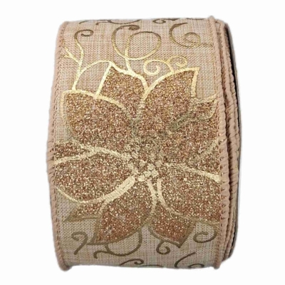Stuha jutová s drátkem béžovo - zlatá vánoční 9.1 m