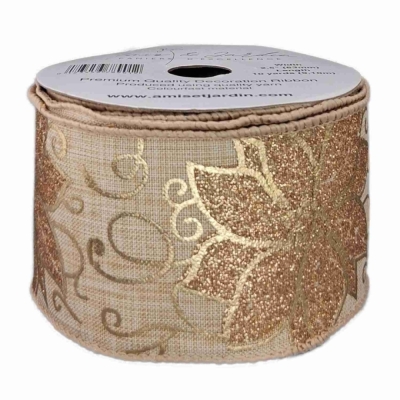 Stuha jutová s drátkem béžovo - zlatá vánoční 9.1 m