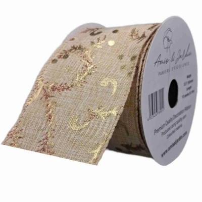Stuha jutová s drátkem béžovo - zlatá vánoční 9.1 m
