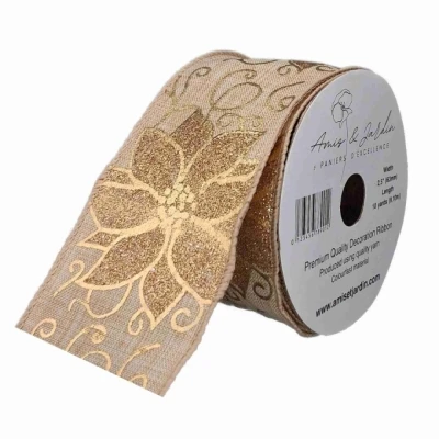 Stuha jutová s drátkem béžovo - zlatá vánoční 9.1 m