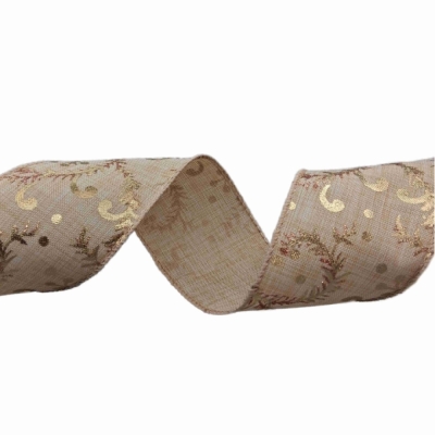 Stuha jutová s drátkem béžovo - zlatá vánoční 9.1 m