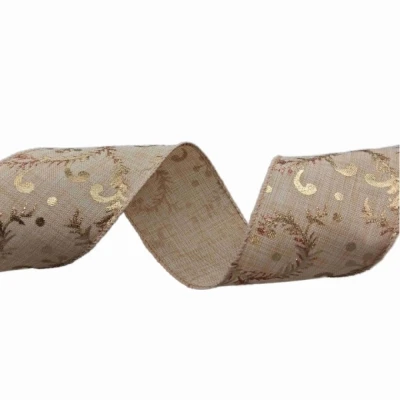 Stuha jutová s drátkem béžovo - zlatá vánoční 9.1 m