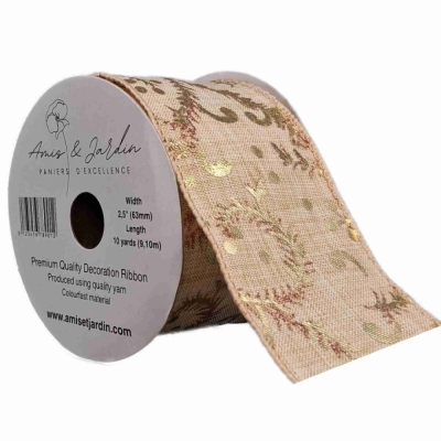 Stuha jutová s drátkem béžovo - zlatá vánoční 9.1 m