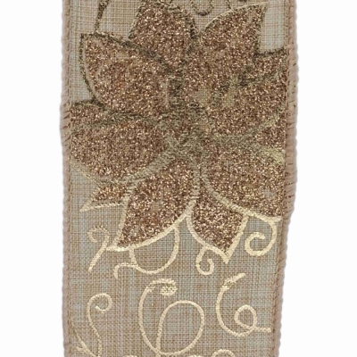 Stuha jutová s drátkem béžovo - zlatá vánoční 9.1 m