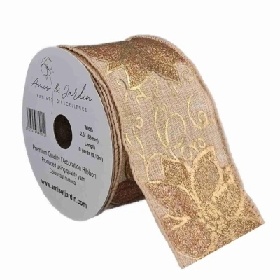 Stuha jutová s drátkem béžovo - zlatá vánoční 9.1 m