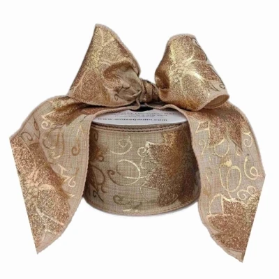 Stuha jutová s drátkem béžovo - zlatá vánoční 9.1 m