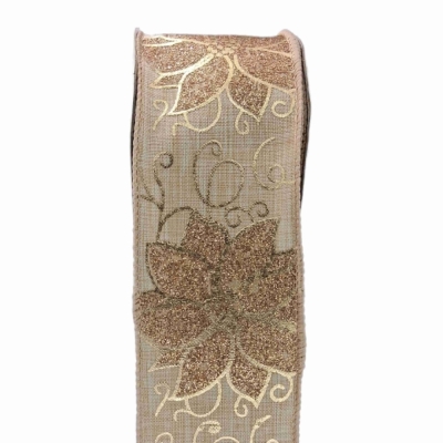 Stuha jutová s drátkem béžovo - zlatá vánoční 9.1 m