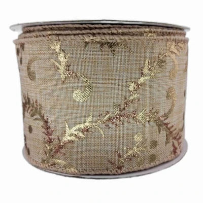 Stuha jutová s drátkem béžovo - zlatá vánoční 9.1 m