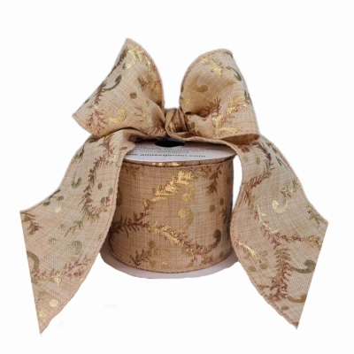 Stuha jutová s drátkem béžovo - zlatá vánoční 9.1 m